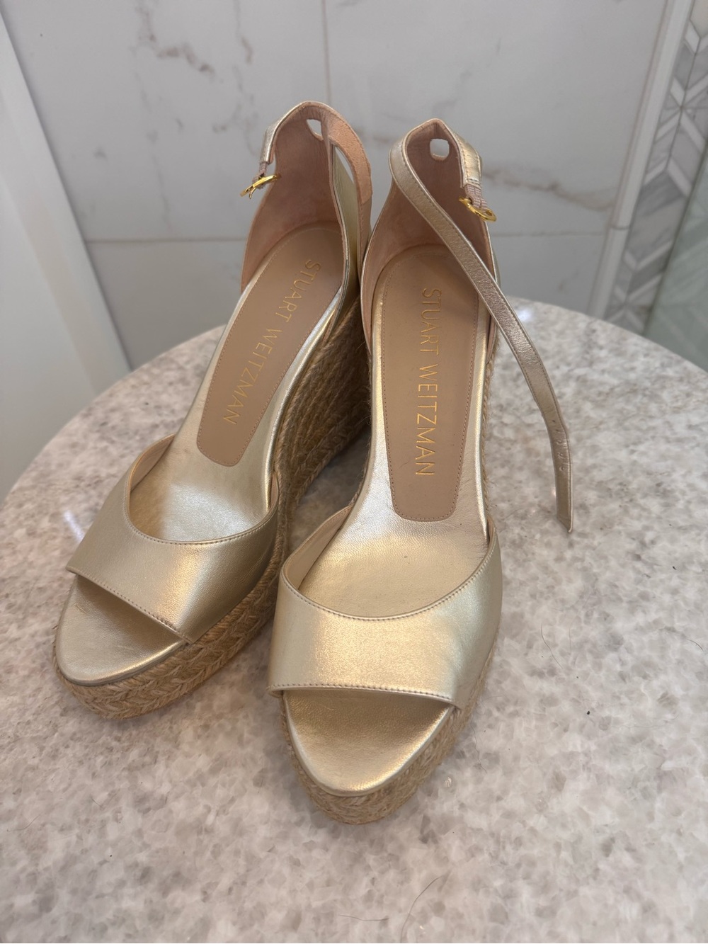Stuart Weitzman Gold Espadrille Wedge Sandals